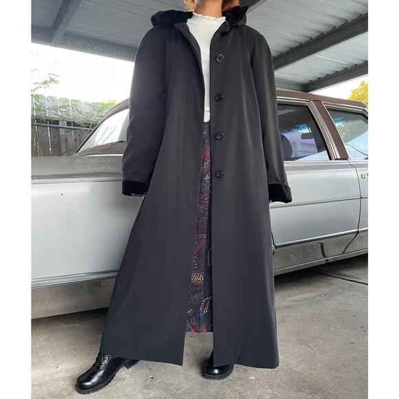 🔥VTG Liz Claiborne Velvet Hooded & Cuffs Warmer Lined Maxi Trench Coat Gothic - Picture 1 of 15
